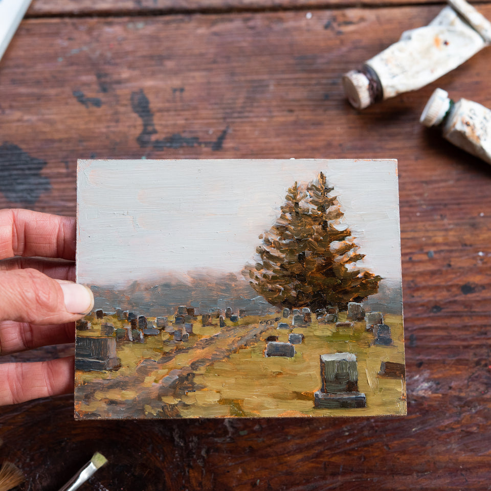 Original Plein Air Painting by Walter Kent: Grove Methodist Cemetery, 2020