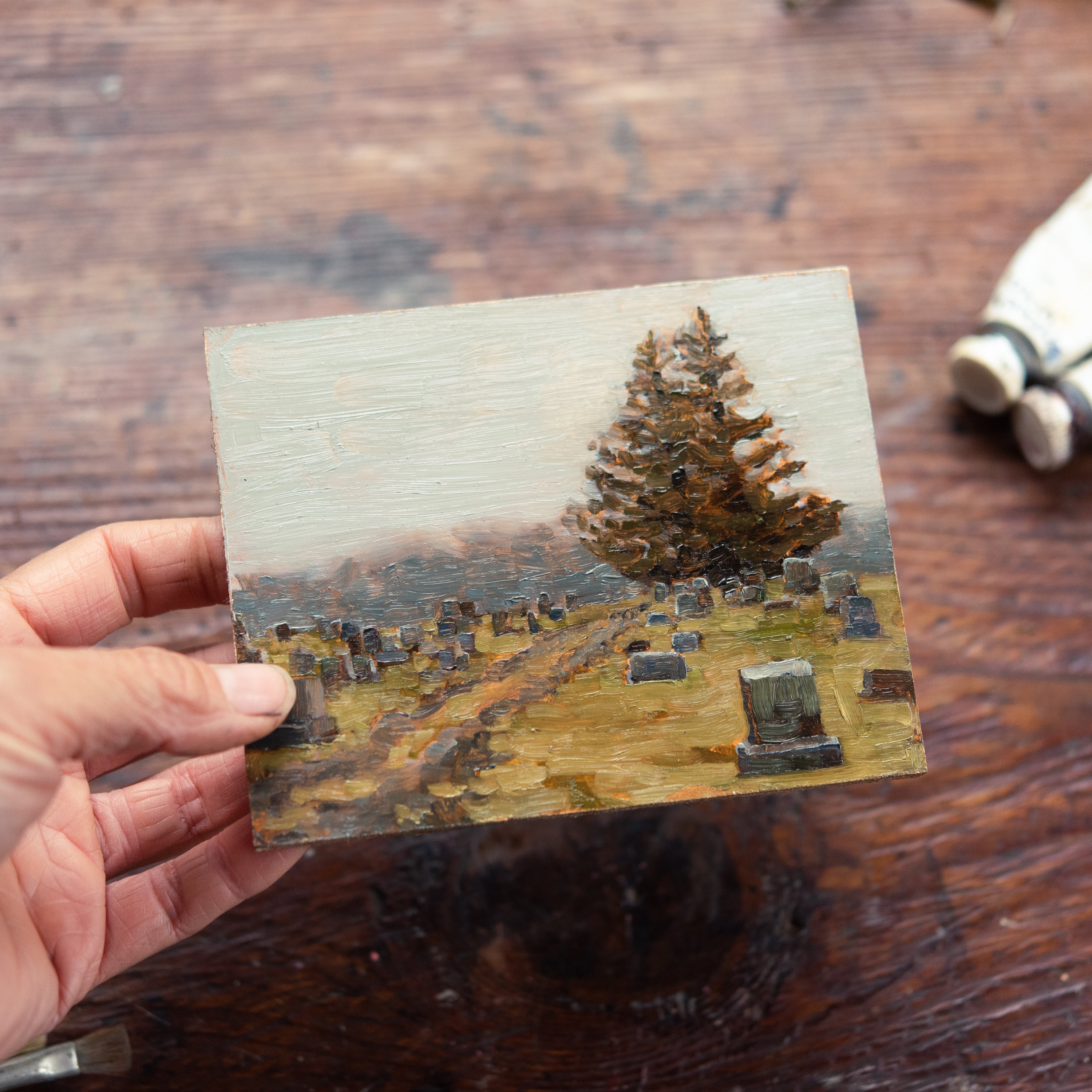 Original Plein Air Painting by Walter Kent: Grove Methodist Cemetery, 2020