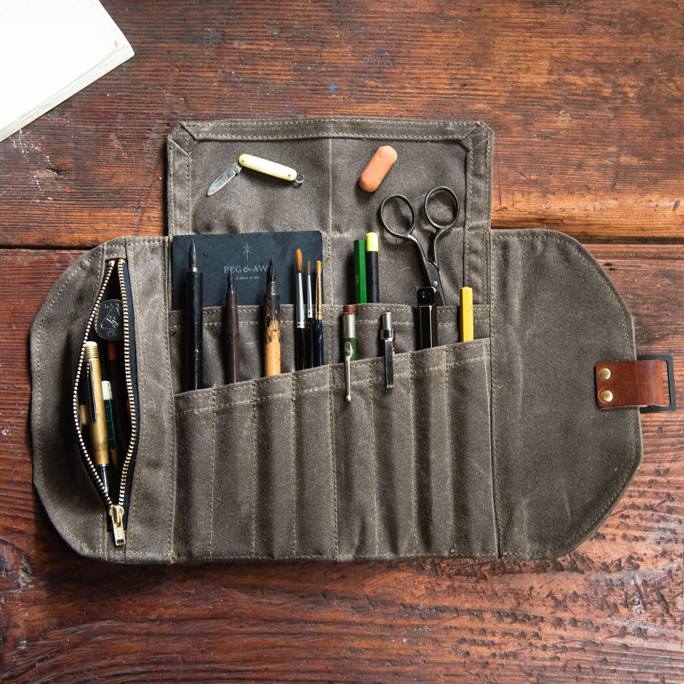 Roll up Mini Pencil Case, Pen Roll, Waxed Canvas and Leather, 12 Pockets 1 Zipper  Pouch by Peg and Awl Mini Sendak Artist Roll 