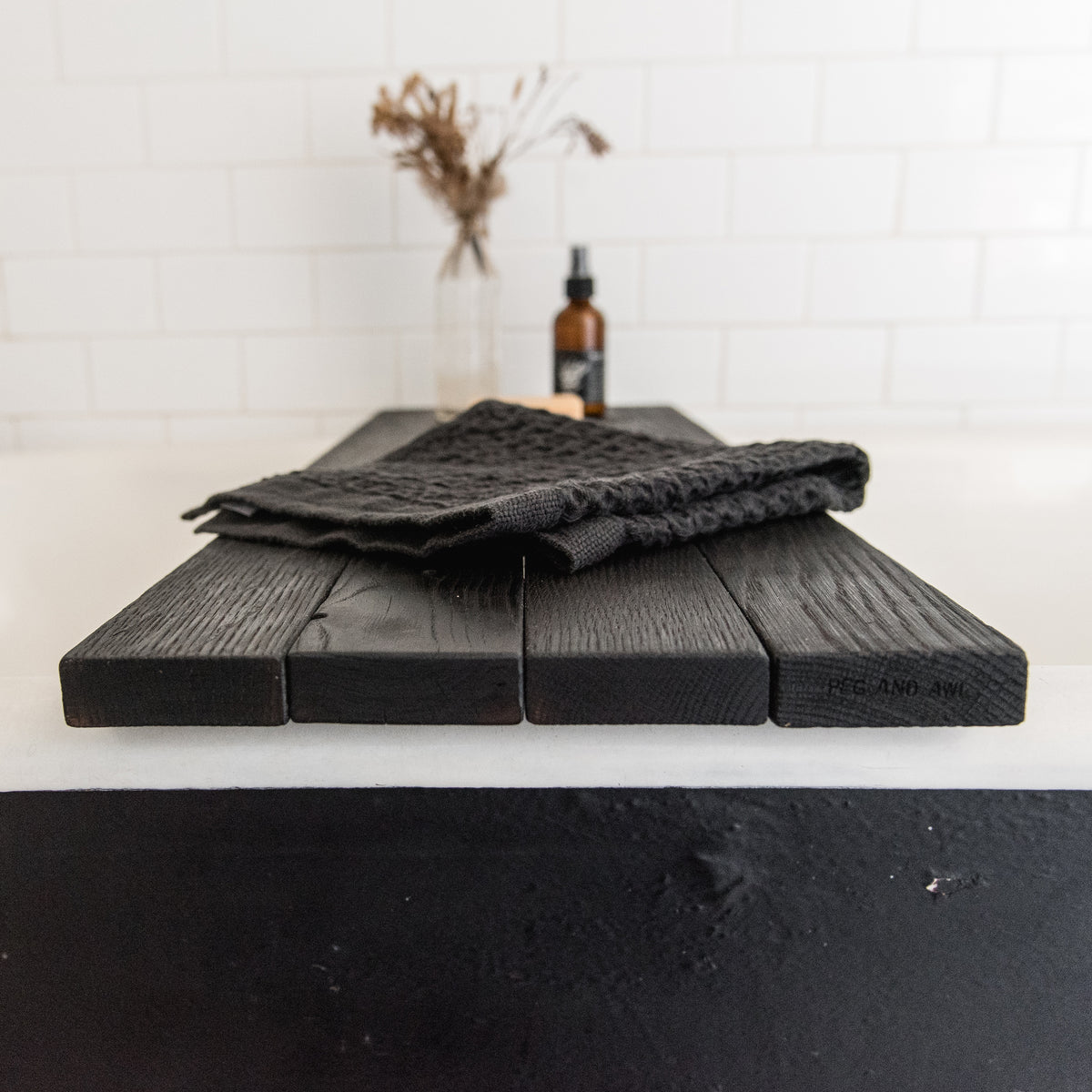 Pitch Black Bathtub Caddy Reclaimed Wood Bath Tray Peg and Awl