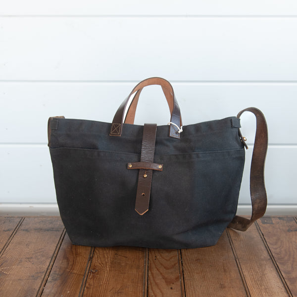 Worn Waxed Canvas Tote with Antique Leather | Coal #1