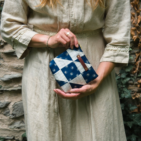 Custom Pouch with Hand-Stitched 1800s Quilt Squares: Aggi