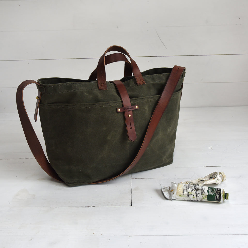 Large Waxed Canvas Tote Bag With Leather Handles / Canvas 
